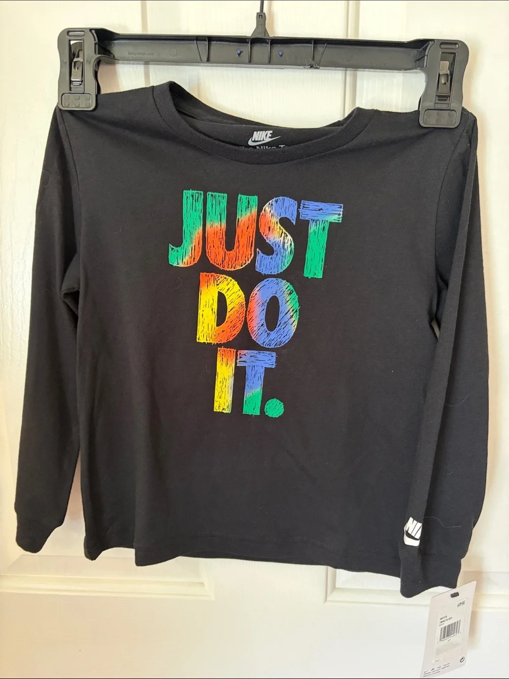 Nike Kids Long-Sleeve 'Just Do It.' Shirt in Black with Rainbow Letters